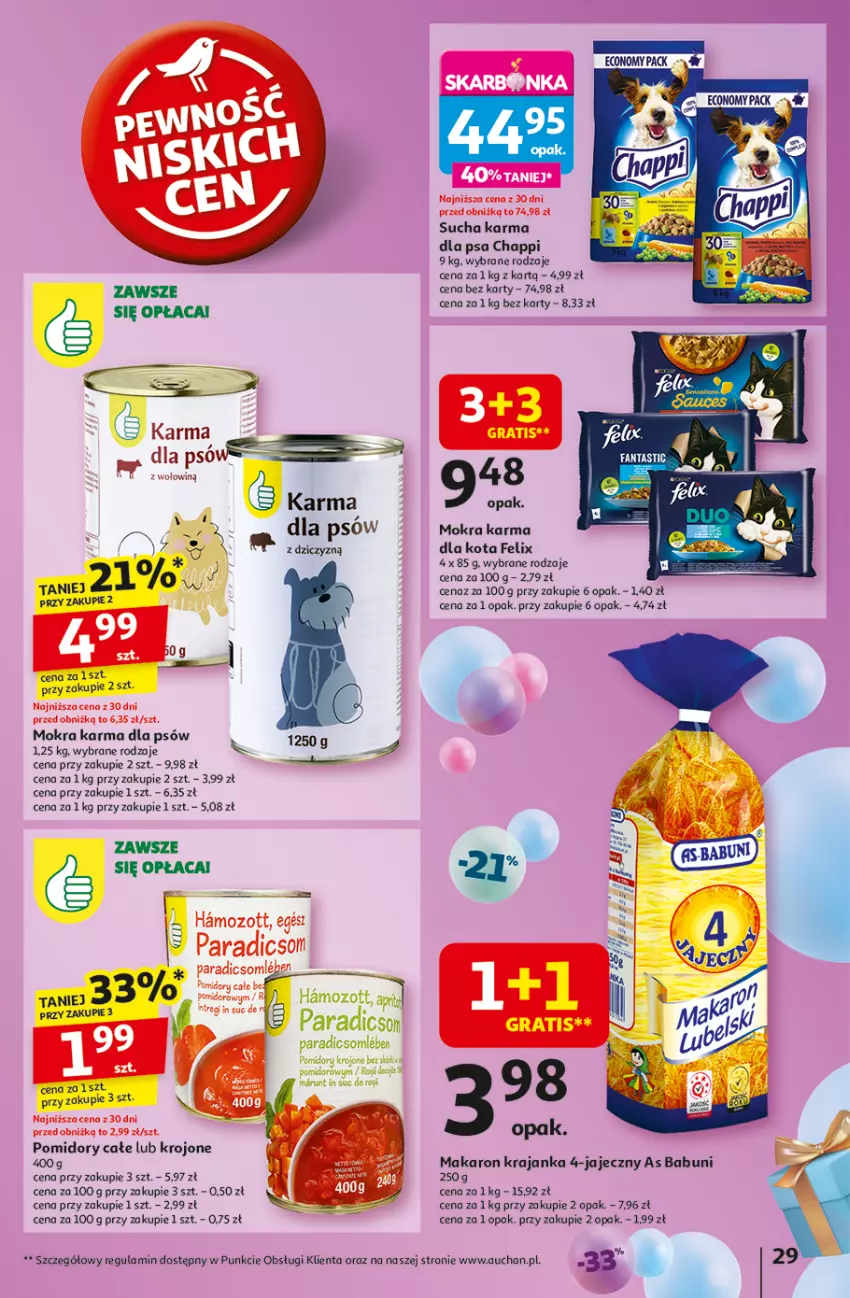 Gazetka promocyjna Auchan - Te URODZINY są NAJ Hipermarket - ważna 30.04 do 07.05.2025 - strona 33 - produkty: Babuni, Chappi, Fa, Fanta, Felix, Makaron, Mokra karma, Pomidory, Pomidory krojone, Sól, Sucha karma, Zott