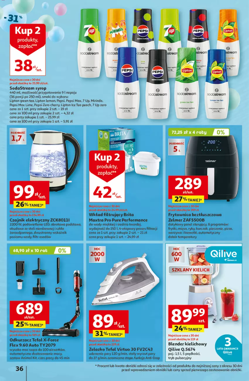 Gazetka promocyjna Auchan - Te URODZINY są NAJ Hipermarket - ważna 30.04 do 07.05.2025 - strona 40 - produkty: Blender, Brit, Brita, Brita Maxtra, Czajnik, Czajnik elektryczny, Fa, Frytki, Gra, Ice tea, Krewetki, Kurczak, Lipton, Mięso, Mirinda, Odkurzacz, Pepsi, Pepsi max, Piec, Pizza, Por, Pur, Rura, Sok, Syrop, Tefal, Top, Tran, Virtu, Wkład filtrujący, Zelmer