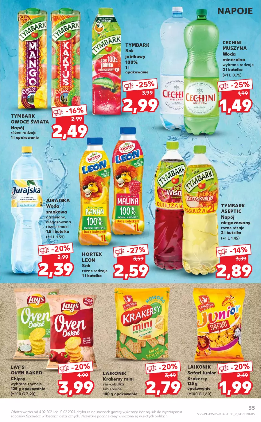 Gazetka promocyjna Kaufland - OFERTA TYGODNIA - ważna 04.02 do 10.02.2021 - strona 35 - produkty: Chipsy, Fa, Hortex, Krakersy, Lajkonik, Leon, Mus, Napój, Napój niegazowany, Napoje, Owoce, Ser, Sok, Sok jabłkowy, Szyna, Tymbark, Woda, Woda mineralna