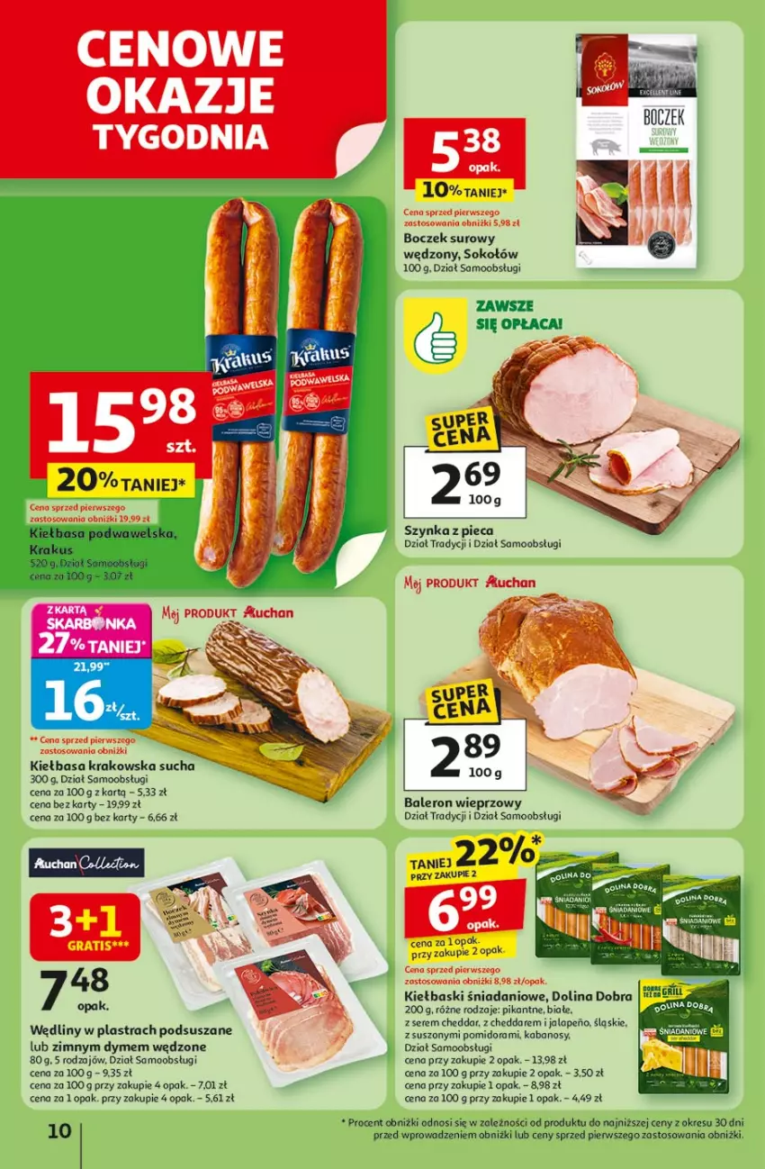 Gazetka promocyjna Auchan - Pewność niskich cen Hipermarket - ważna 17.07 do 23.07.2025 - strona 10 - produkty: Boczek, Cheddar, Danio, Kabanos, Kiełbasa, Kiełbasa krakowska, Piec, Ser, Sok, Sokołów, Szynka