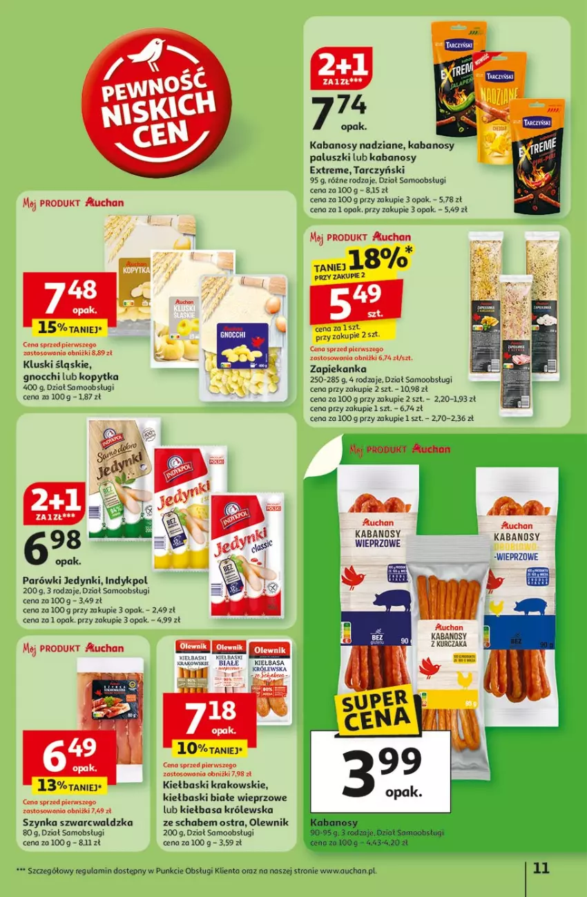 Gazetka promocyjna Auchan - Pewność niskich cen Hipermarket - ważna 17.07 do 23.07.2025 - strona 11 - produkty: Gnocchi, Hask, Kabanos, Kiełbasa, Kiełbaski białe, Kopytka, Kurczak, Olewnik, Parówki, Szynka, Tarczyński, Zapiekanka