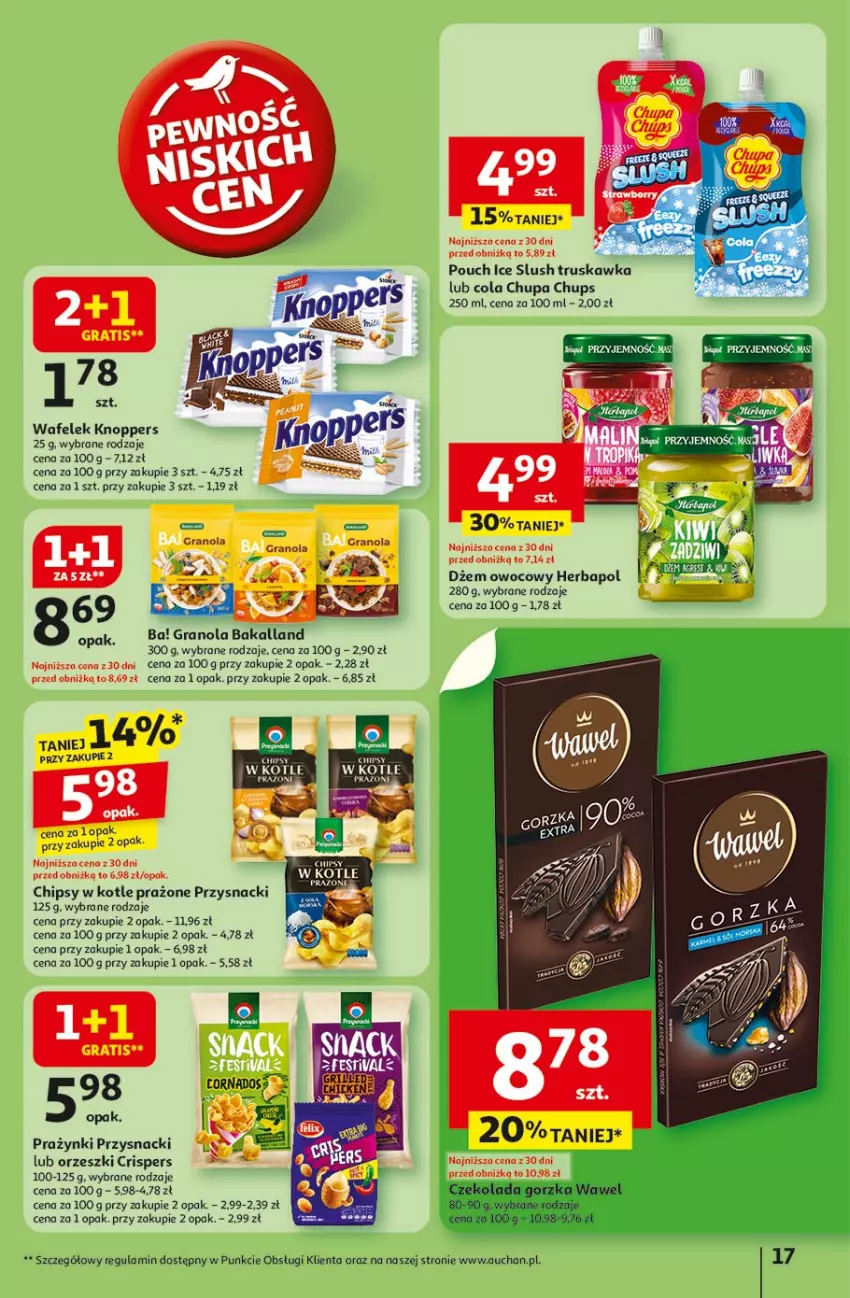 Gazetka promocyjna Auchan - Pewność niskich cen Hipermarket - ważna 17.07 do 23.07.2025 - strona 17 - produkty: Ba!, Bakalland, Chipsy, Chupa Chups, Czekolada, Czekolada gorzka, Dżem, Gra, Granola, Herbapol, Knoppers, Orzeszki, Przysnacki, Wafelek, Wawel