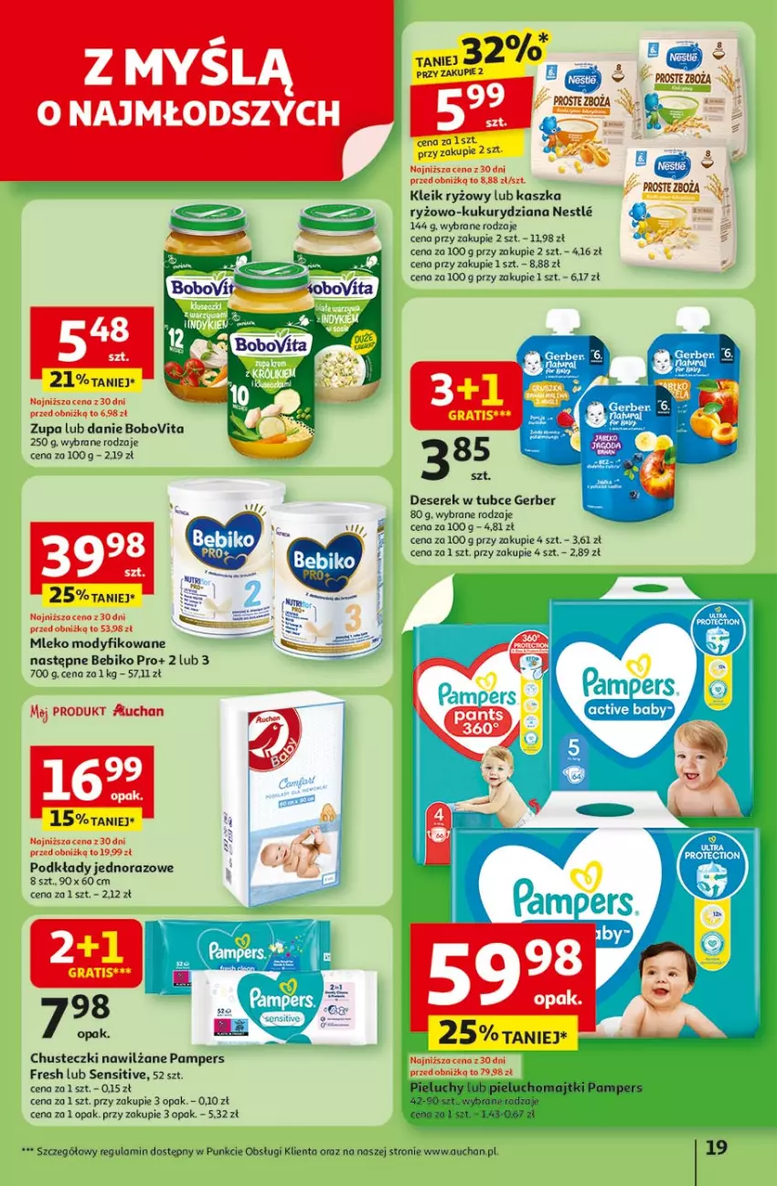 Gazetka promocyjna Auchan - Pewność niskich cen Hipermarket - ważna 17.07 do 23.07.2025 - strona 19 - produkty: Bebiko, BoboVita, Chusteczki, Deser, Gerber, Gra, Mleko, Mleko modyfikowane, Pampers, Podkład, Ryż, Ser, Serek, Zupa