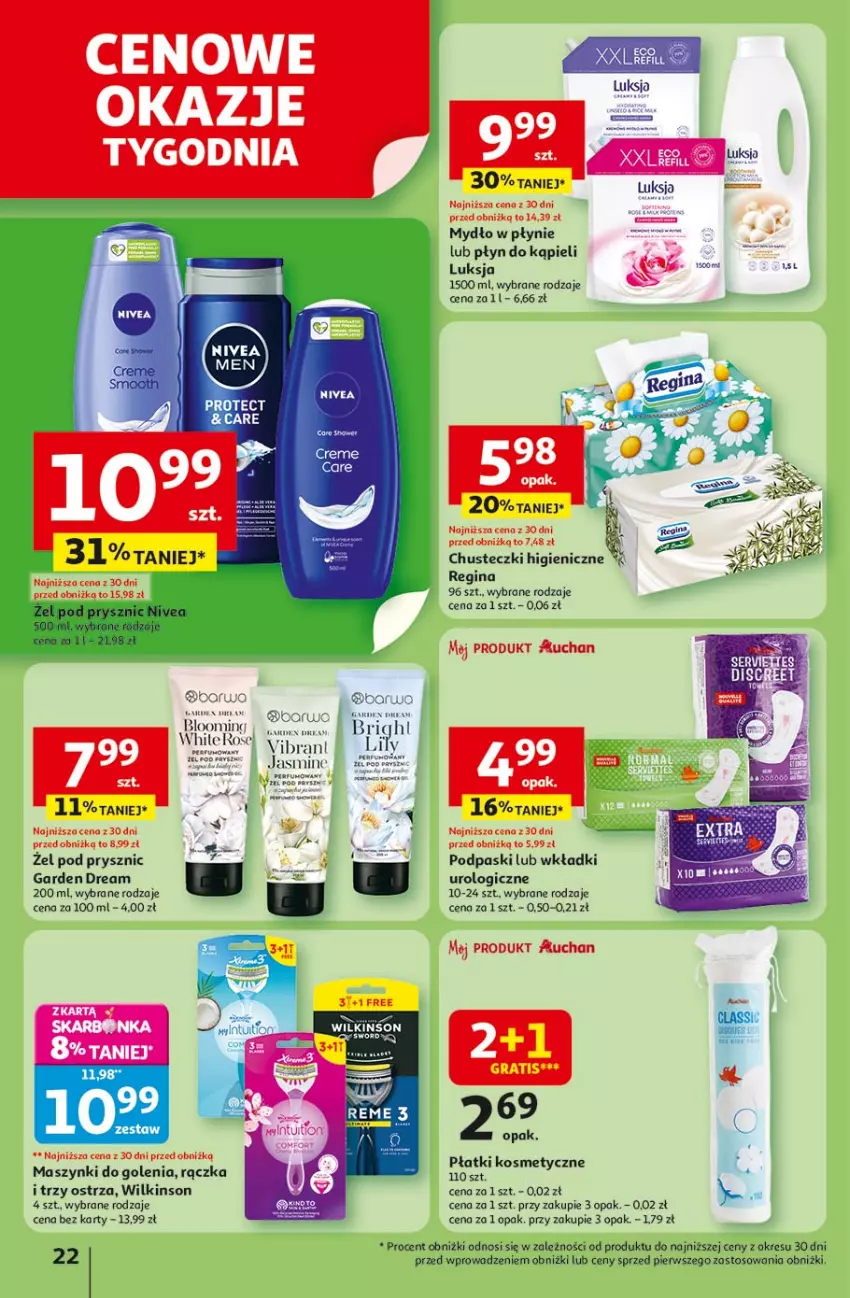 Gazetka promocyjna Auchan - Pewność niskich cen Hipermarket - ważna 17.07 do 23.07.2025 - strona 22 - produkty: Chusteczki, Fa, Gin, Gra, Luksja, Mydło, Mydło w płynie, Płatki kosmetyczne, Płyn do kąpieli, Podpaski, Wkładki, Wkładki urologiczne