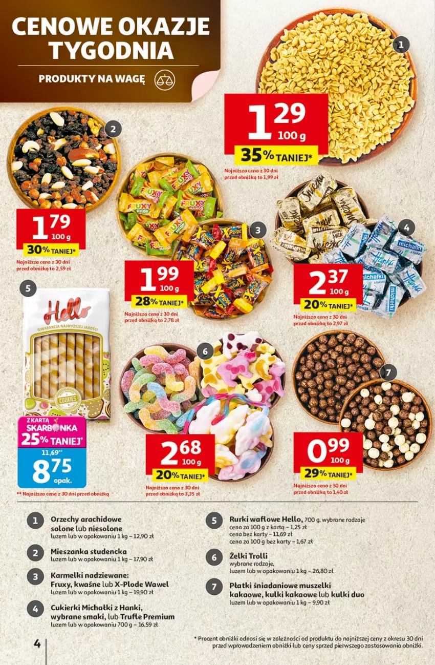 Gazetka promocyjna Auchan - Pewność niskich cen Hipermarket - ważna 17.07 do 23.07.2025 - strona 4 - produkty: Cukier, Cukierki, Danio, Fa, Kakao, Michałki, Mieszanka studencka, Mus, Rurki, Salsa, Wawel