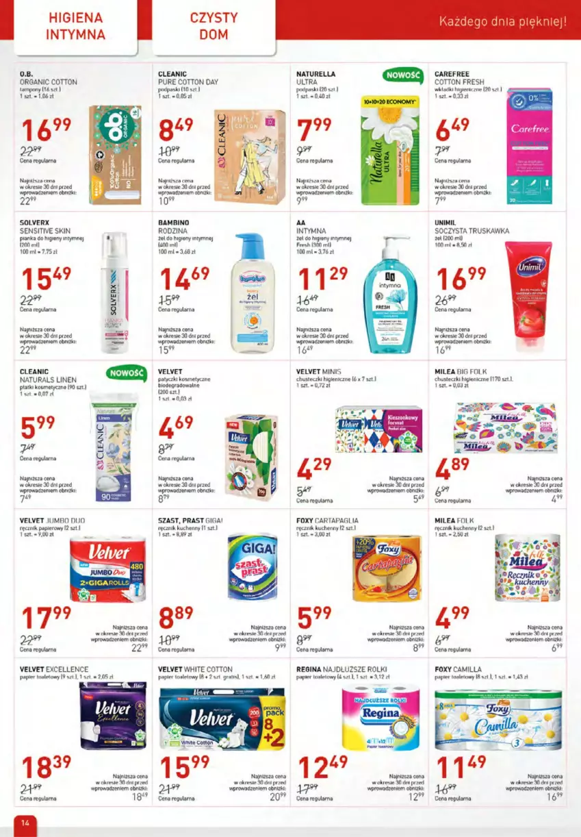 Gazetka promocyjna Drogerie Jawa - ważna 04.09 do 03.10.2023 - strona 14 - produkty: Carefree, Chusteczki, Cleanic, Foxy, Gin, Gra, Naturell, Naturella, Obraz, Papier, Papier toaletowy, Patyczki kosmetyczne, Podpaski, Pur, Ręcznik, Ręcznik kuchenny, Rolki, Tampony, Unimil, Velvet, Wkładki