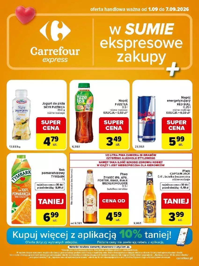 Gazetka promocyjna Carrefour - Gazetka Express w SUMIE eksptrsowe zakupy - ważna 01.09 do 07.09.2026 - strona 1 - produkty: Fa, Gra, Jogurt, LG, Napój, Piątnica, Piec, Piwa, Piwo, Por, Red Bull, Sok, Sok pomarańczowy, Tymbark