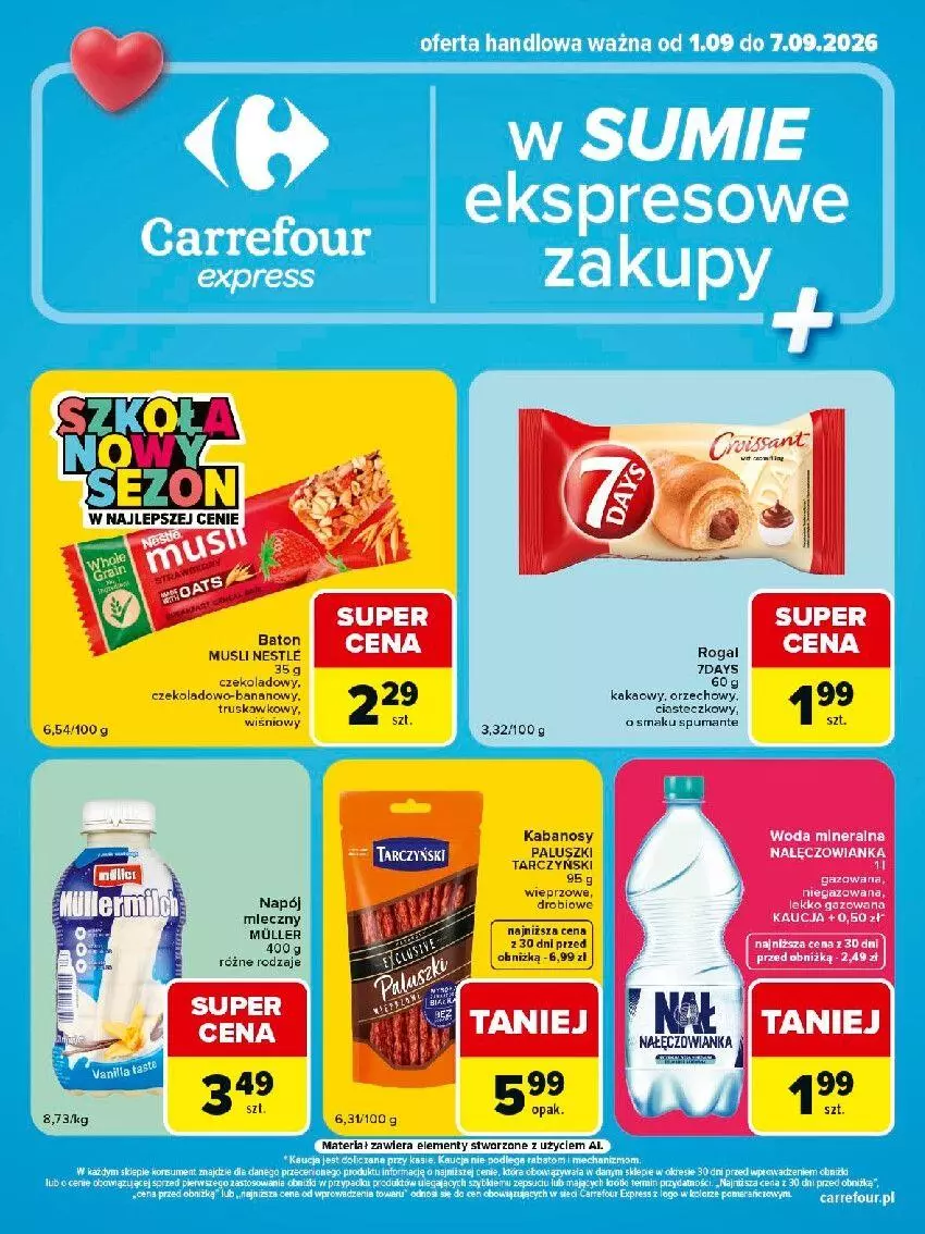 Gazetka promocyjna Carrefour - Gazetka Express w SUMIE eksptrsowe zakupy - ważna 01.09 do 07.09.2026 - strona 2 - produkty: Kabanos, Kakao, Miecz, Mus, Nałęczowianka, Puma, Tarczyński, Woda, Woda mineralna