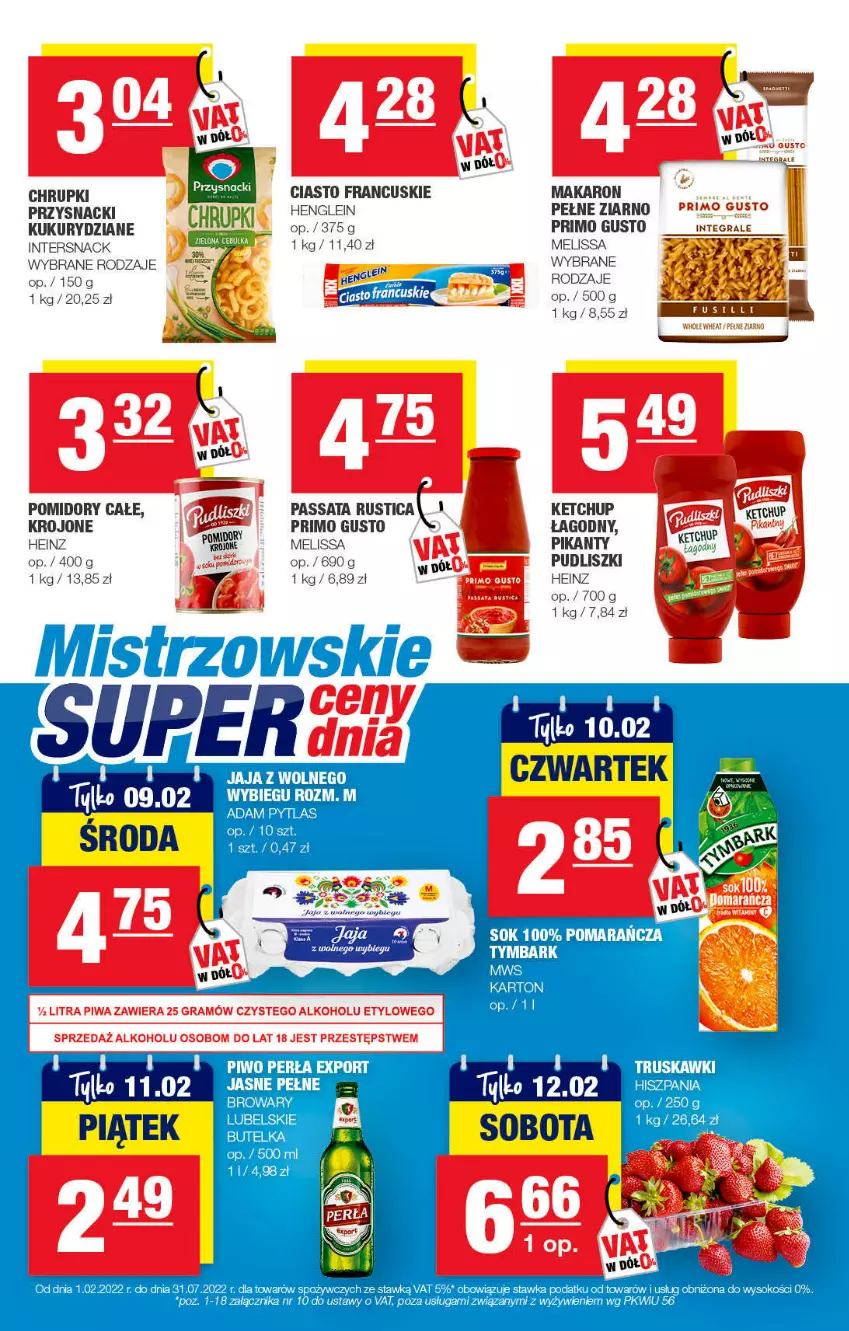 Gazetka promocyjna Spar - EuroSpar - ważna 30.01 do 12.02.2022 - strona 13 - produkty: Chrupki, Ciasto francuskie, Gra, Heinz, Jaja, Jaja z wolnego wybiegu, Ketchup, Makaron, Perła, Piwo, Pomidory, Por, Przysnacki, Pudliszki, Rust, Sok, Truskawki, Tymbark