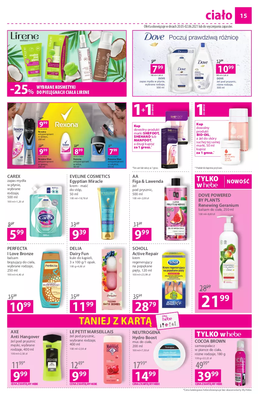 Gazetka promocyjna Hebe - Gazetka - ważna 20.05 do 02.06.2021 - strona 15 - produkty: Antyperspirant, Balsam do ciała, Bio-Oil, Dove, Eveline, Kosmetyki do pielęgnacji, Krem regenerujący, Lirene, Mars, Mus, Neutrogena, Perfecta, Rexona, Scholl, Zapas mydła w płynie