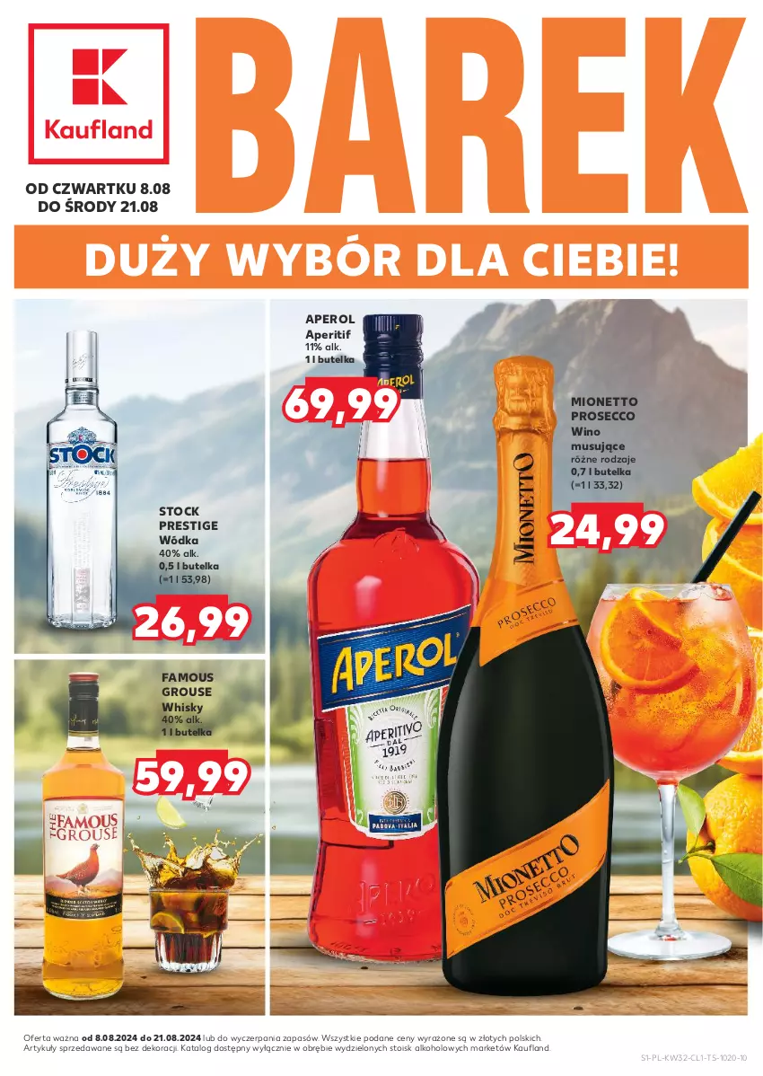 Gazetka promocyjna Kaufland - Barek Kauflandu - ważna 08.08 do 21.08.2024 - strona 1 - produkty: Aperol, Fa, Mionetto, Mus, Prosecco, Stock, Whisky, Wino, Wino musujące, Wódka