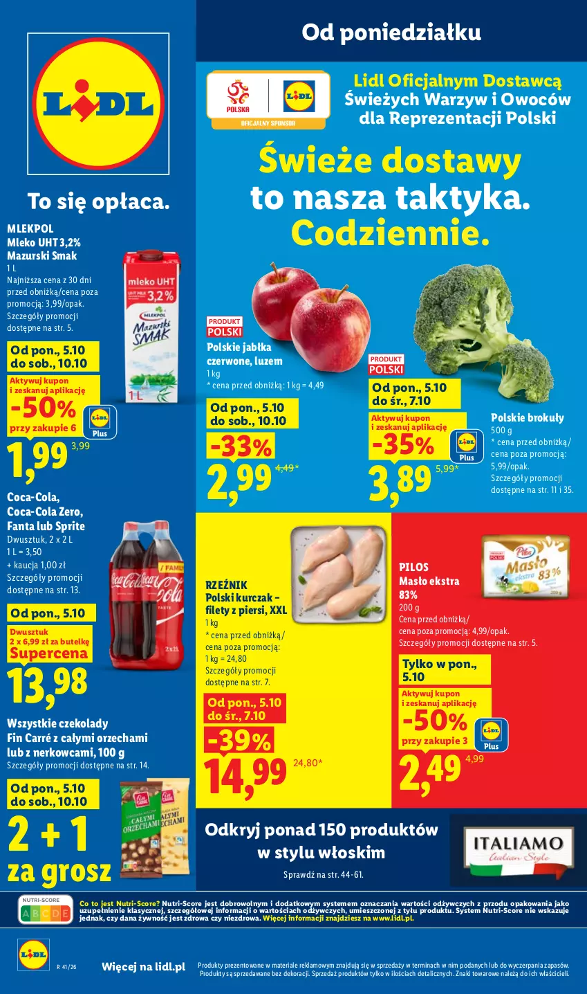 Gazetka promocyjna Lidl - Gazetka - ważna 05.10 do 07.10.2026 - strona 1 - produkty: Brokuły, Coca-Cola, Fa, Fanta, Jabłka, Kurczak, Masło, Mleko, O nas, Pilos, Sprite