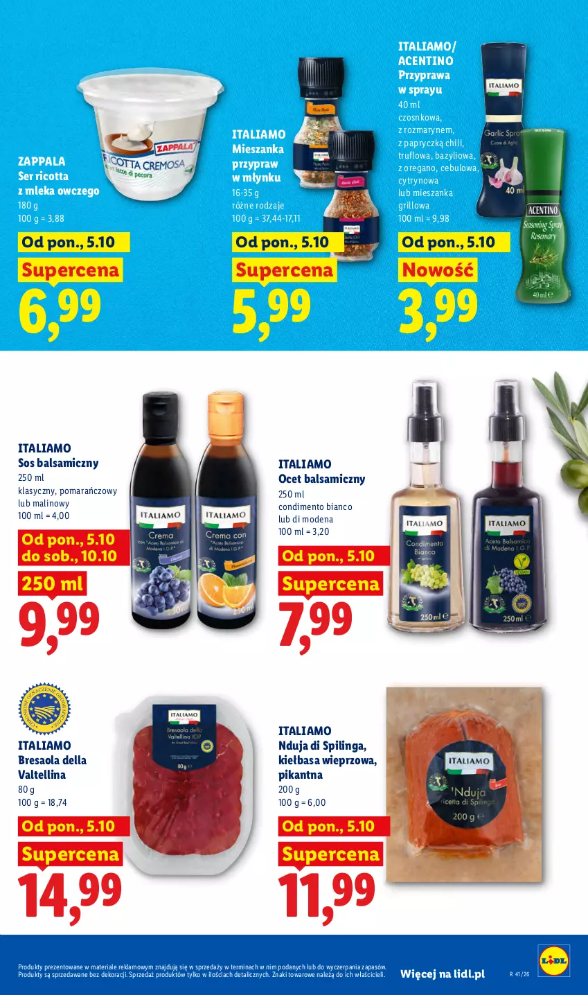 Gazetka promocyjna Lidl - Gazetka - ważna 05.10 do 07.10.2026 - strona 49 - produkty: Bazyl, Bresaola, Dell, Grill, Kiełbasa, Ocet, Ocet balsamiczny, Ricotta, Ser, Sos