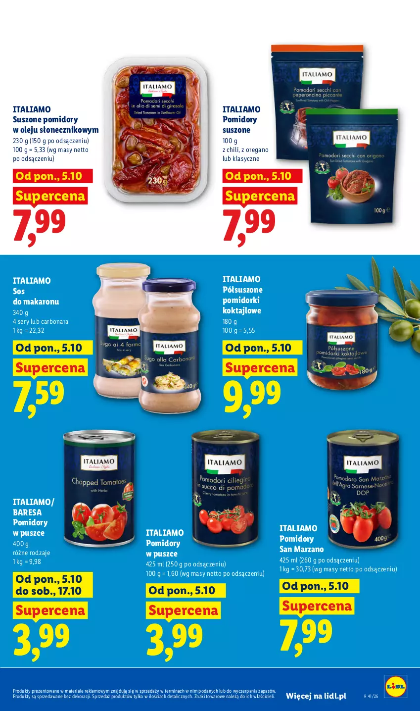 Gazetka promocyjna Lidl - Gazetka - ważna 05.10 do 07.10.2026 - strona 53 - produkty: Makaron, Olej, Pomidorki, Pomidory, Ser, Sos, Sos do makaronu, Suszone pomidory