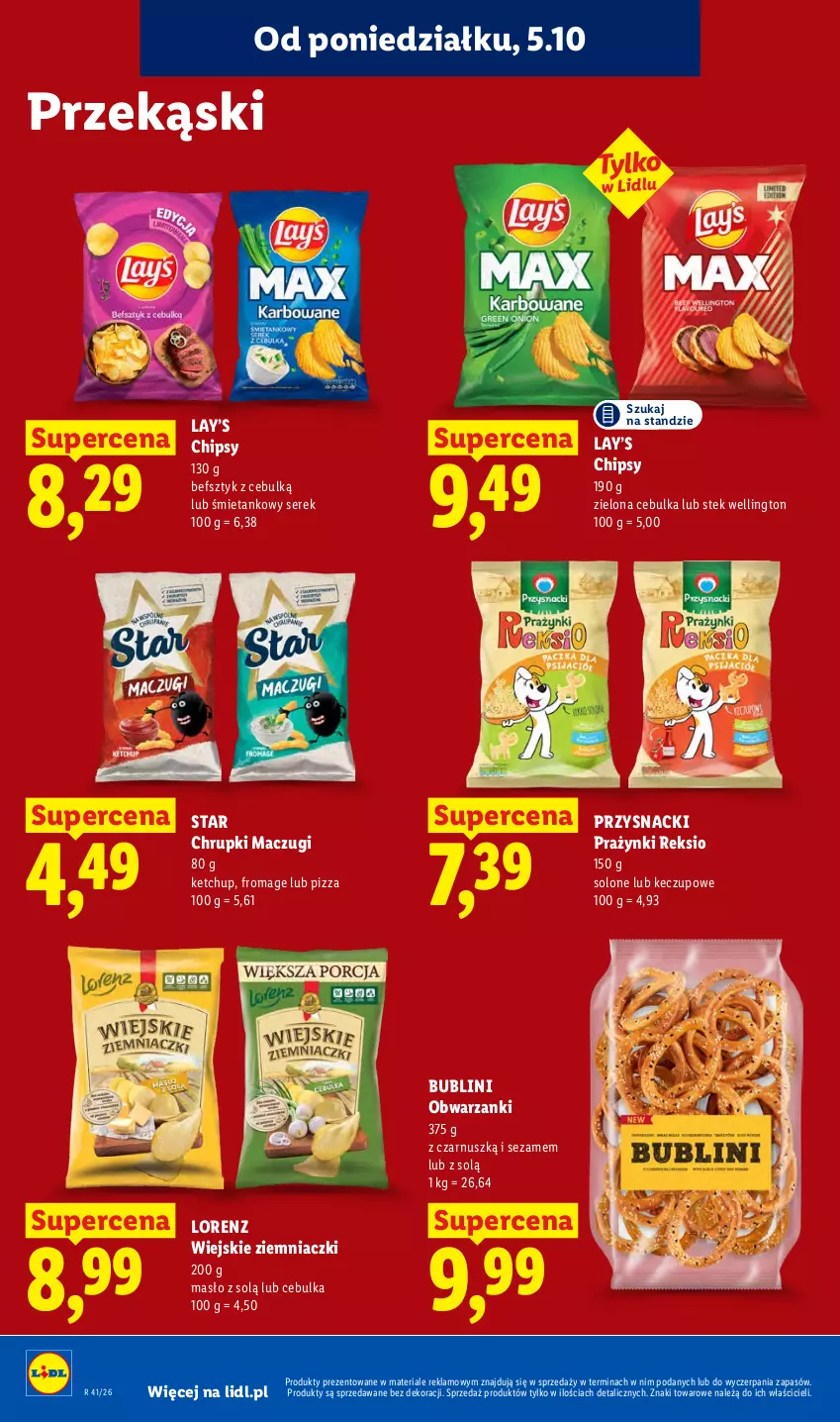 Gazetka promocyjna Lidl - Gazetka - ważna 05.10 do 07.10.2026 - strona 74 - produkty: Chipsy, Chrupki, Ketchup, Lay’s, Lorenz, Masło, Pizza, Przysnacki, Ser, Serek, Sezam, Stek