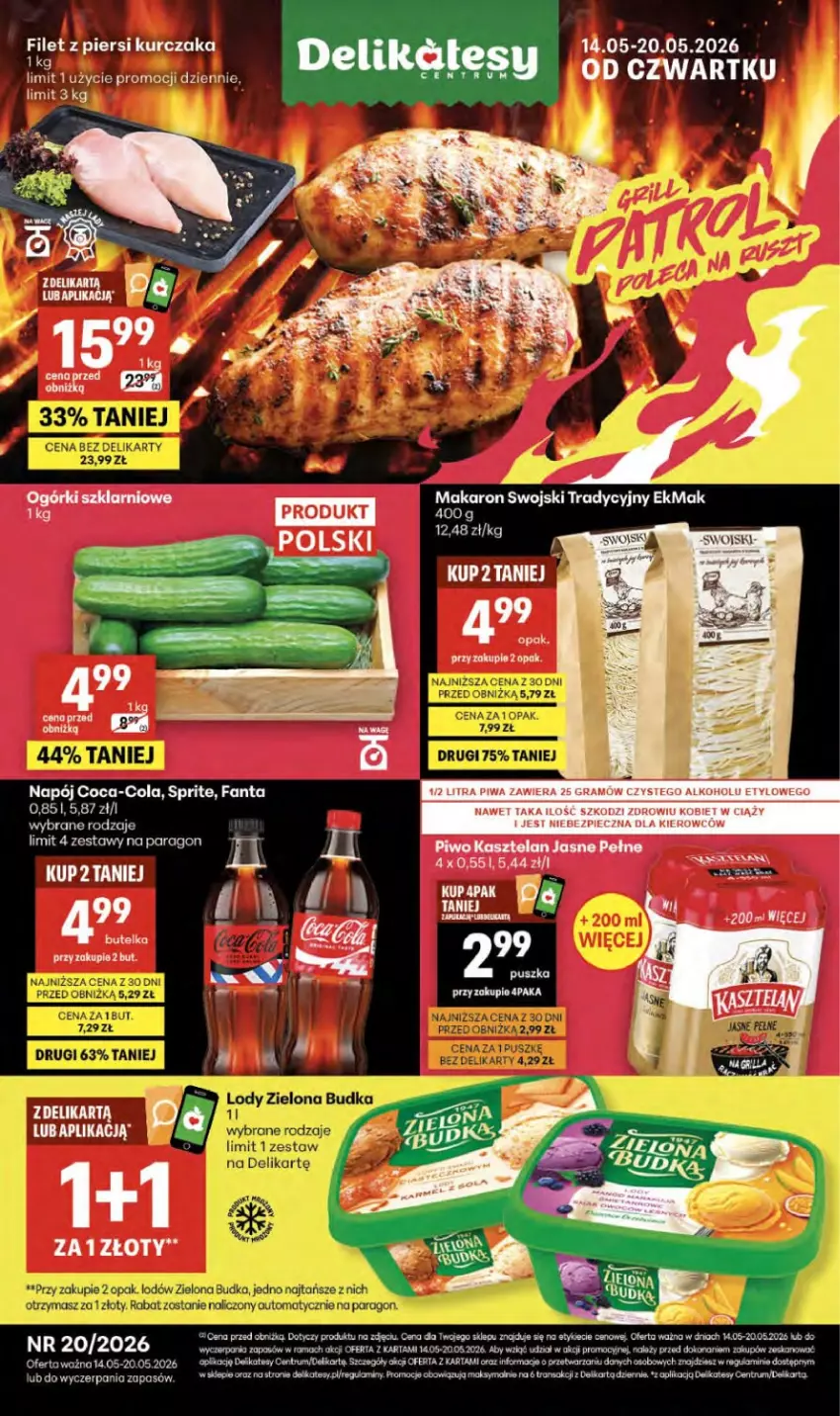 Gazetka promocyjna Delikatesy Centrum - Franczyza DC20 Czwartek - ważna 14.05 do 20.05.2026 - strona 1 - produkty: Coca-Cola, Fa, Fanta, Filet z piersi kurczaka, Kasztelan, Kurczak, Makaron, Napój, Piec, Piwo, Rama, Rum, Sprite, Tran