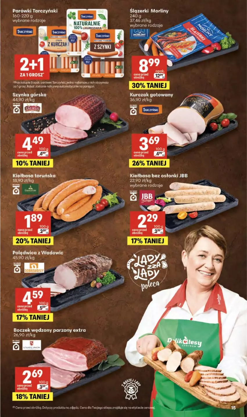 Gazetka promocyjna Delikatesy Centrum - Franczyza DC20 Czwartek - ważna 14.05 do 20.05.2026 - strona 15 - produkty: Boczek, Kiełbasa, Kurczak, Kurczak gotowany, Morliny, Parówki, Polędwica, Szynka, Tarczyński