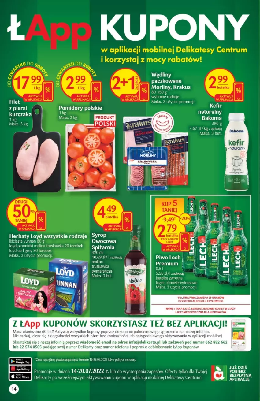 Gazetka promocyjna Delikatesy Centrum - Gazetka DC27 - ważna 14.07 do 20.07.2022 - strona 14 - produkty: Bakoma, Dres, Gra, Kefir, Krakus, Kurczak, Loyd, Mobil, Morliny, Piec, Piwa, Rum, Syrop, Telefon