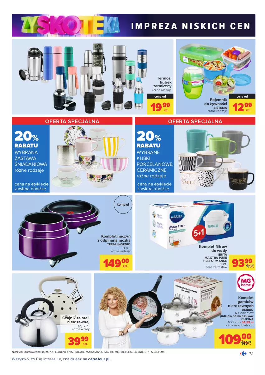 Gazetka promocyjna Carrefour - Gazetka Carrefour Zyskoteka - ważna 05.10 do 09.10.2021 - strona 31 - produkty: Brit, Brita, Brita Maxtra, Czajnik, Danio, Fa, Komplet naczyń, Kubek, Kubek termiczny, Patelnia, Pojemnik, Por, Pur, Tefal, Termos