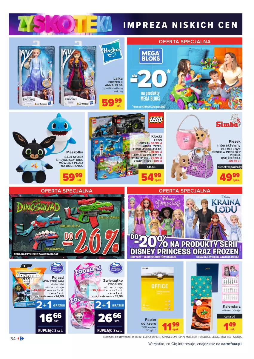 Gazetka promocyjna Carrefour - Gazetka Carrefour Zyskoteka - ważna 05.10 do 09.10.2021 - strona 34 - produkty: Frozen, Gra, Hasbro, Kalendarz, Klocki, Lalka, LEGO, Mattel, Papier, Papier do ksero, Pojazd, Ser, Tera