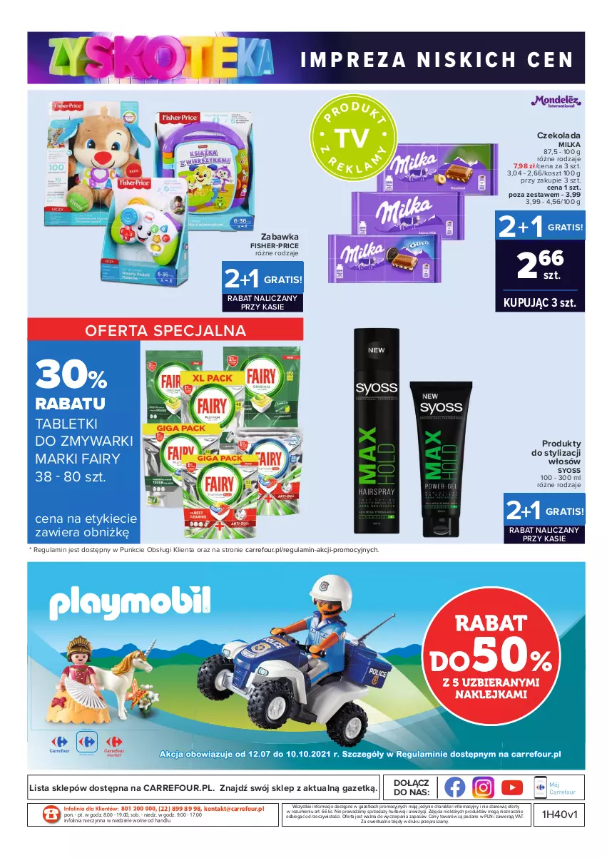 Gazetka promocyjna Carrefour - Gazetka Carrefour Zyskoteka - ważna 05.10 do 09.10.2021 - strona 42 - produkty: Czekolada, Fa, Fairy, Fisher-Price, Gra, Kosz, Milka, O nas, Syoss, Tablet, Tabletki do zmywarki, Zabawka, Zmywarki