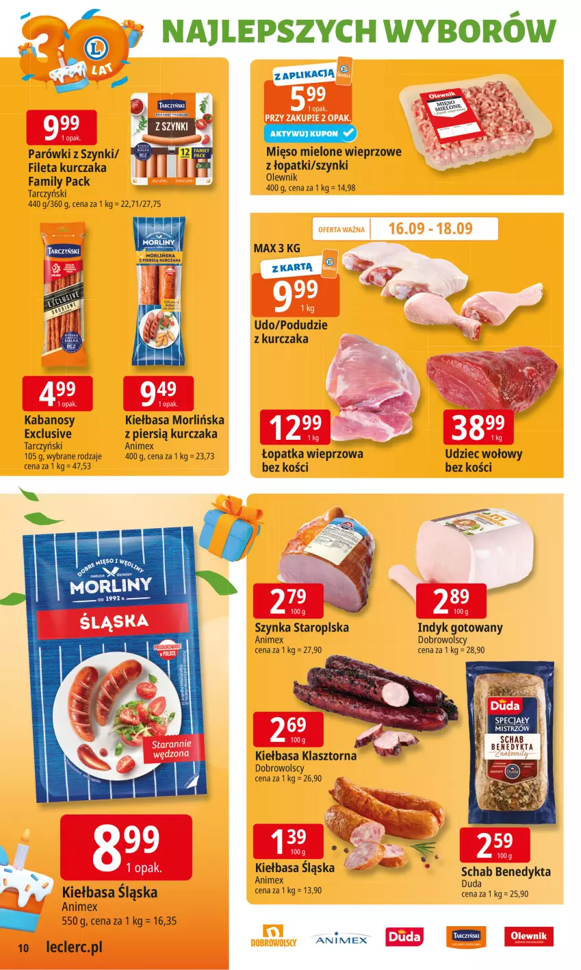 Gazetka promocyjna E Leclerc - ważna 16.09 do 27.09.2025 - strona 10 - produkty: Duda, Fa, Kabanos, Kiełbasa, Kiełbasa śląska, Kurczak, Mięso, Mięso mielone, Olewnik, Parówki, Parówki z szynki, Podudzie z kurczaka, Schab Benedykta, Szynka, Tarczyński, Udziec wołowy