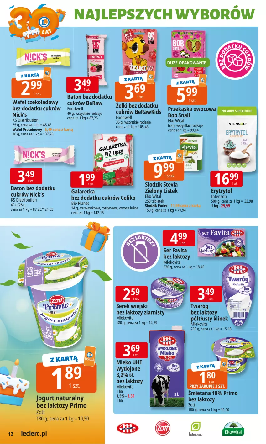 Gazetka promocyjna E Leclerc - ważna 16.09 do 27.09.2025 - strona 12 - produkty: Baton, Fa, Favita, Gala, Galaretka, Jogurt, Jogurt naturalny, Mleko, Mlekovita, Owoce, Puder, Ser, Serek, Serek wiejski, Stek, Tablet, Twaróg, Zott