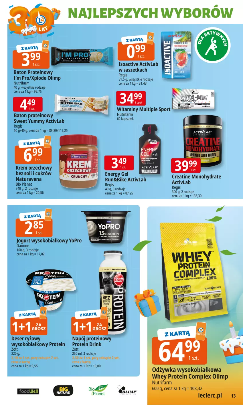 Gazetka promocyjna E Leclerc - ważna 16.09 do 27.09.2025 - strona 13 - produkty: Baton, Danone, Deser, Fa, Gin, Jogurt, Krem orzechowy, Lack, Napój, Odżywka, Por, Ryż, Ser, Sok, Sport, Zott