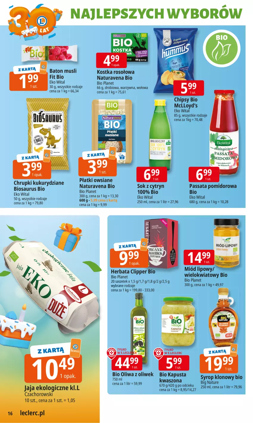 Gazetka promocyjna E Leclerc - ważna 16.09 do 27.09.2025 - strona 16 - produkty: Baton, Chipsy, Chrupki, Herbata, Jaja, Loyd, Miód, Mus, Oliwa, Oliwa z oliwek, Płatki owsiane, Sok, Syrop