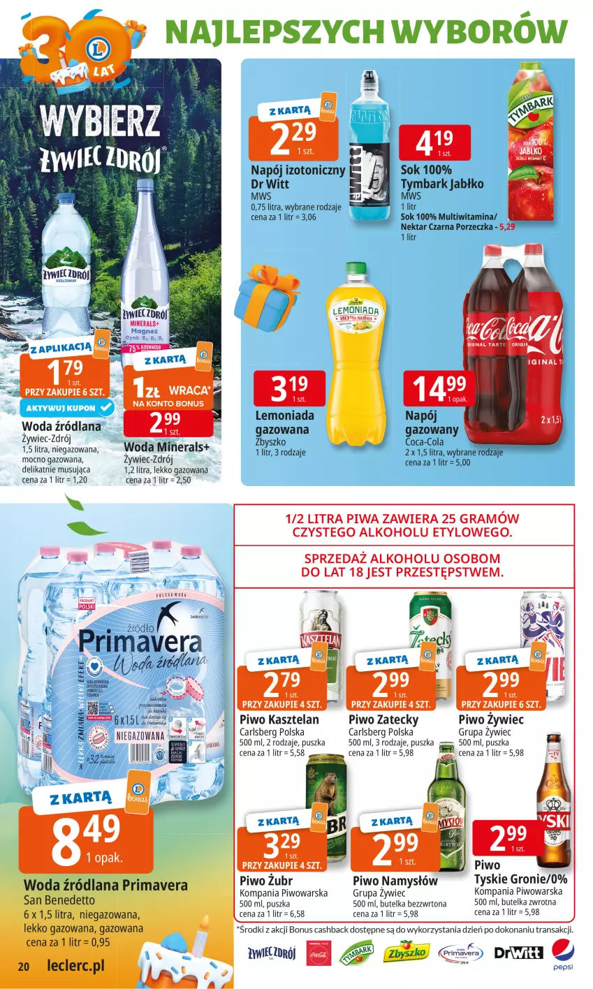 Gazetka promocyjna E Leclerc - ważna 16.09 do 27.09.2025 - strona 20 - produkty: Carlsberg, Coca-Cola, Gin, Gra, Kasztelan, LANA, Mus, Namysłów, Napój, Nektar, Pepsi, Piwa, Piwo, Por, Prima, Primavera, Rum, Sok, Tran, Tymbark, Tyskie, Woda