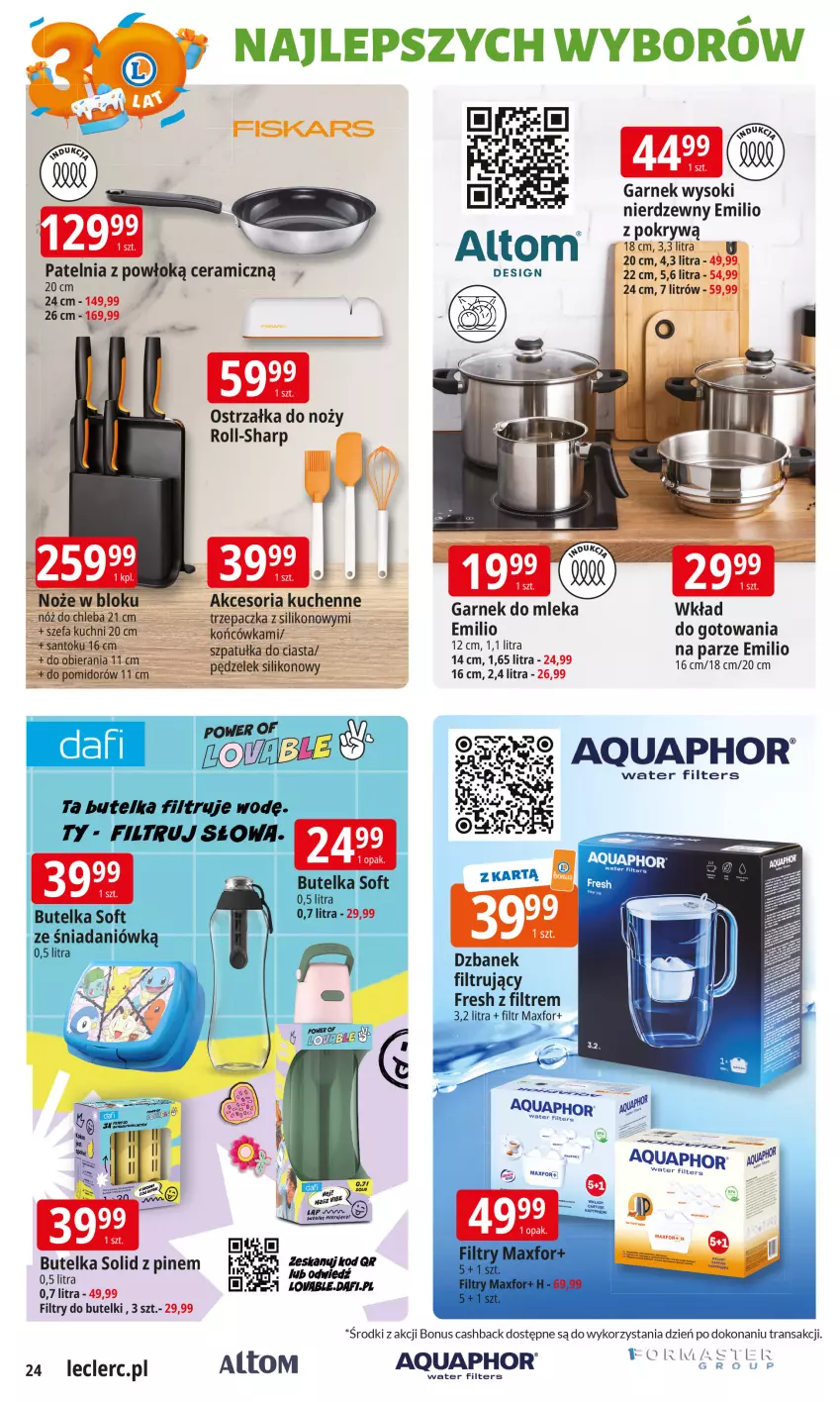 Gazetka promocyjna E Leclerc - ważna 16.09 do 27.09.2025 - strona 24 - produkty: Aquaphor, Dzbanek, Dzbanek filtrujący, Garnek, Noż, Patelnia, Sharp, Sok, Tran