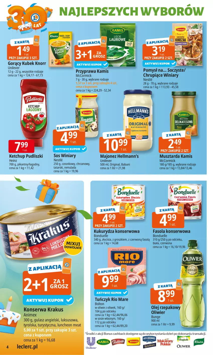 Gazetka promocyjna E Leclerc - ważna 16.09 do 27.09.2025 - strona 4 - produkty: Babuni, Bonduelle, Chrzan, Fa, Fasola, Gin, Heinz, Kamis, Ketchup, Knorr, Krakus, Kubek, Kukurydza, Kukurydza konserwowa, Majonez, Makaron, Mus, Musztarda, Olej, Pudliszki, Rio Mare, Rosół, Ser, Sos, Tran, Tuńczyk, Winiary