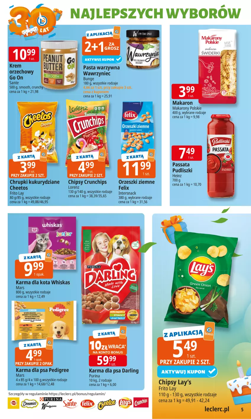 Gazetka promocyjna E Leclerc - ważna 16.09 do 27.09.2025 - strona 5 - produkty: Cheetos, Chipsy, Chrupki, Crunchips, Fa, Felix, Heinz, Makaron, Mars, Orzeszki, Orzeszki ziemne, Pasta warzywna, Pedigree, Pudliszki, Pur, Purina, Sante, Whiskas