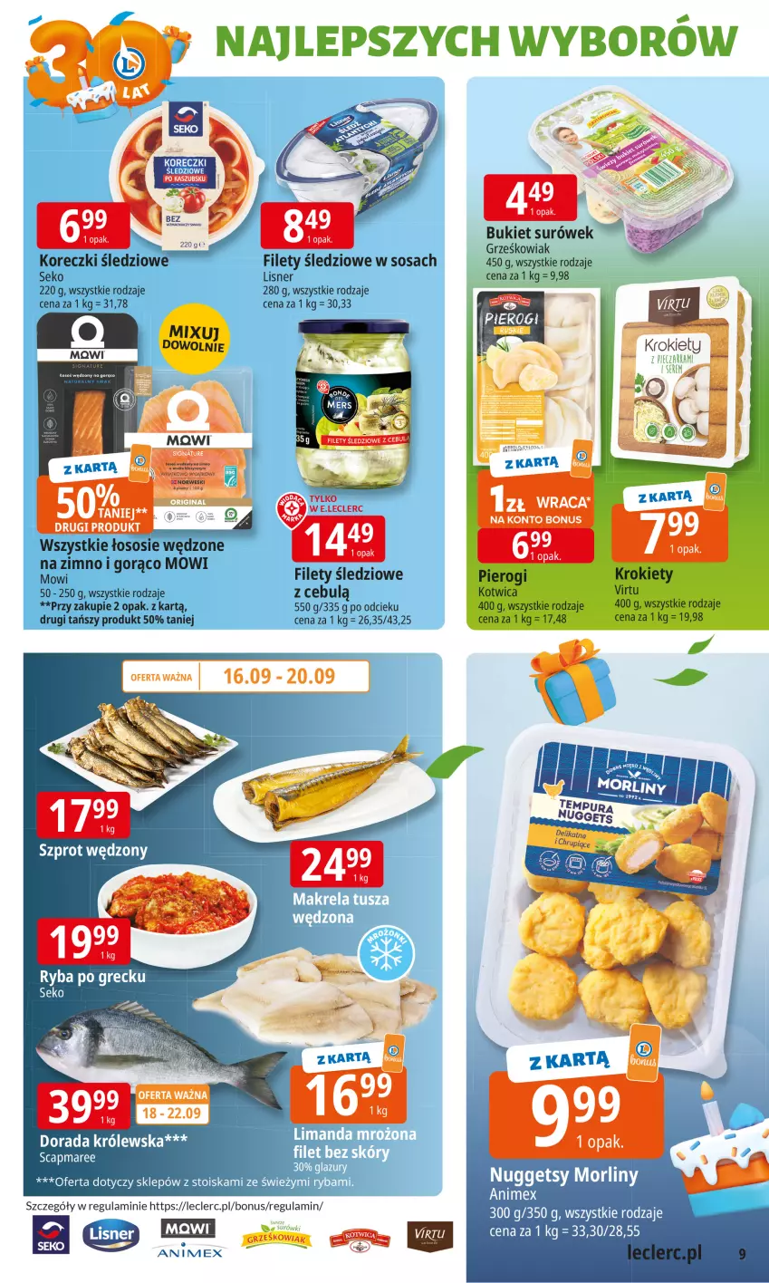 Gazetka promocyjna E Leclerc - ważna 16.09 do 27.09.2025 - strona 9 - produkty: Bukiet, Koreczki śledziowe, Krokiety, Lisner, Pierogi, Ryba, Ryba po grecku, SEKO, Sos, Virtu