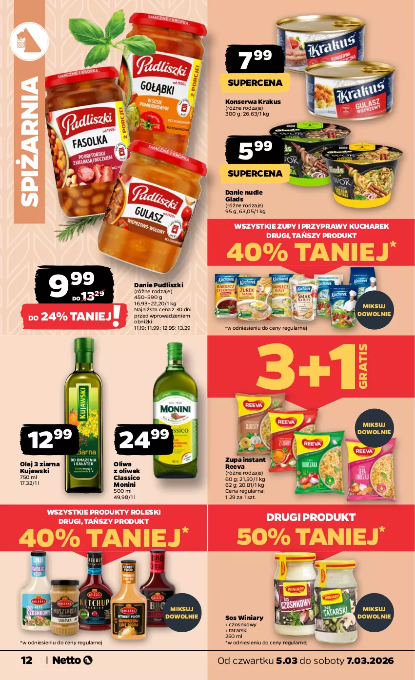 Gazetka promocyjna Netto - Od Czwartku - ważna 05.03 do 07.03.2026 - strona 12 - produkty: Gra, Krakus, Kucharek, Kujawski, Monini, Olej, Oliwa, Oliwa z oliwek, Przyprawy, Pudliszki, Ser, Sos, Winiary, Zupa