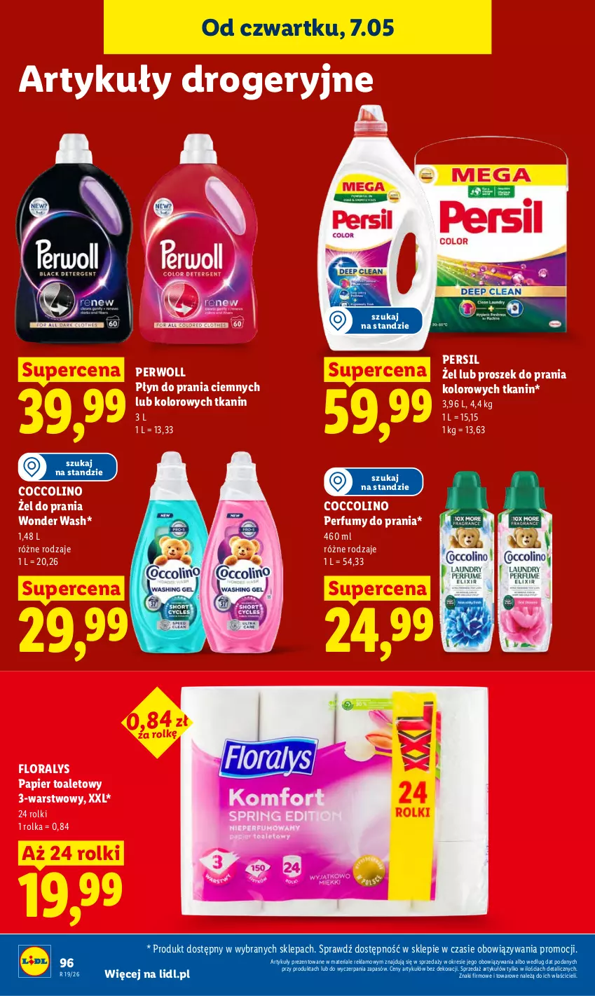 Gazetka promocyjna Lidl - Gazetka ważna od 7.05 do 9.05 - ważna 07.05 do 09.05.2026 - strona 100 - produkty: Coccolino, Flora, Papier, Papier toaletowy, Perfum, Persil, Perwoll, Płyn do prania, Proszek do prania, Rolki
