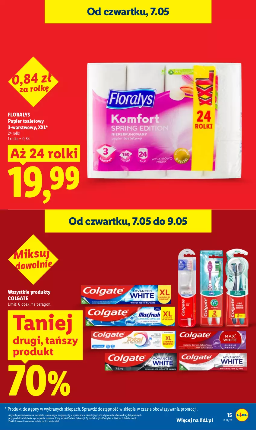 Gazetka promocyjna Lidl - Gazetka ważna od 7.05 do 9.05 - ważna 07.05 do 09.05.2026 - strona 15 - produkty: Colgate, Flora, LG, Papier, Papier toaletowy, Rolki