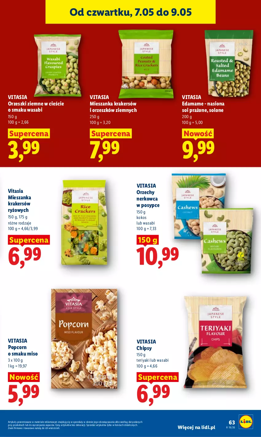 Gazetka promocyjna Lidl - Gazetka ważna od 7.05 do 9.05 - ważna 07.05 do 09.05.2026 - strona 63 - produkty: Chipsy, Edam, Kokos, Orzeszki, Orzeszki ziemne, Popcorn, Ryż, Wasa