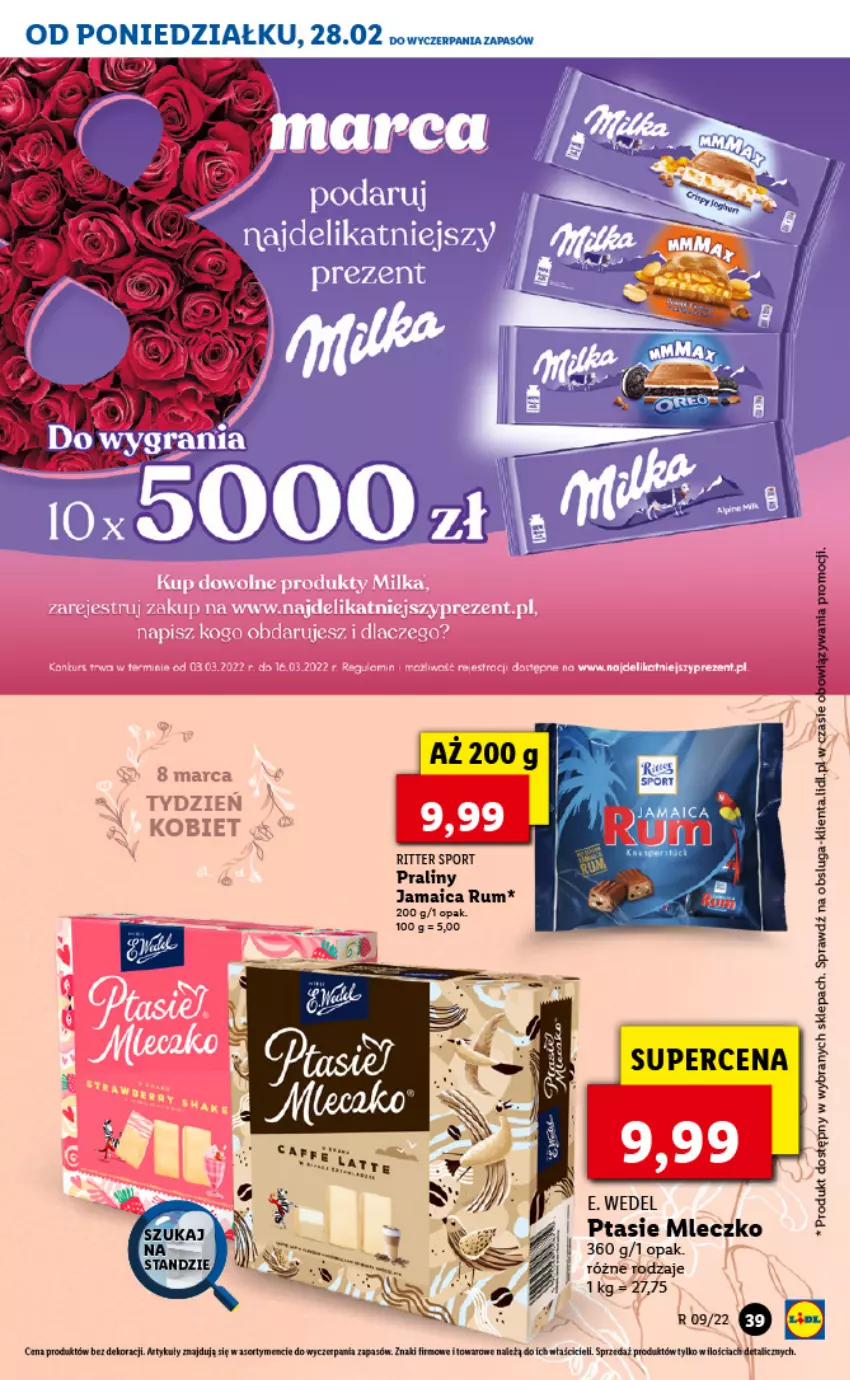 Gazetka promocyjna Lidl - GAZETKA - ważna 28.02 do 02.03.2022 - strona 39 - produkty: Fa, Mleczko, Por, Praliny, Ptasie mleczko, Ritter Sport, Rum, Sport