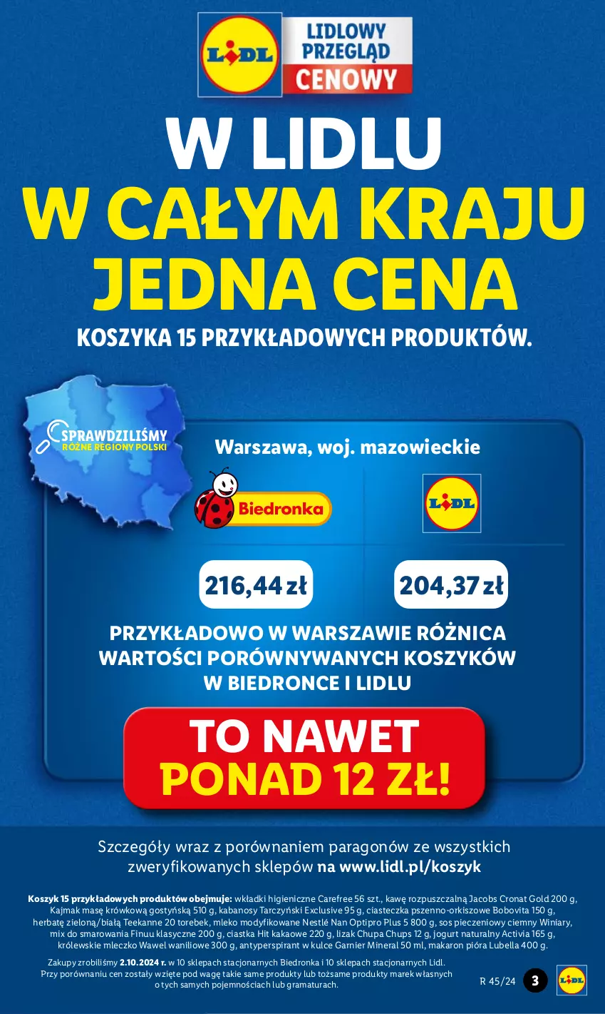 Gazetka promocyjna Lidl - GAZETKA - ważna 04.11 do 06.11.2024 - strona 3 - produkty: Activia, Antyperspirant, Bell, Bella, BoboVita, Carefree, Chupa Chups, Ciastka, Finuu, Garnier, Gra, Jacobs, Jogurt, Jogurt naturalny, Kabanos, Kakao, Kosz, Królewski, Królewskie Mleczko, Lubella, Makaron, Mleczko, Mleko, Mleko modyfikowane, NAN Optipro, Nestlé, Piec, Por, Rama, Sos, Sos pieczeniowy, Tarczyński, Teekanne, Wawel, Winiary, Wkładki