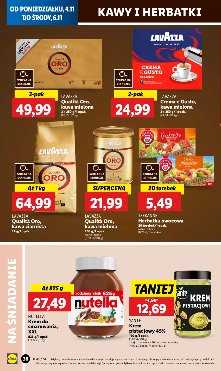 Gazetka promocyjna Lidl - GAZETKA - ważna 04.11 do 06.11.2024 - strona 42 - produkty: Kawa, Kawa mielona, Kawa ziarnista, Krem pistacjowy, Lavazza, Nutella, Sante, Teekanne, Torebka