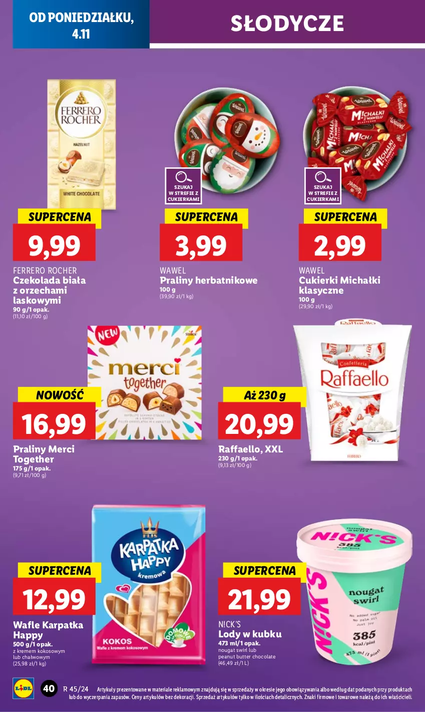 Gazetka promocyjna Lidl - GAZETKA - ważna 04.11 do 06.11.2024 - strona 44 - produkty: Cukier, Cukierki, Czekolada, Fa, Ferrero, Ferrero Rocher, Karp, Kokos, Lody, Merci, Michałki, Praliny, Raffaello, Wafle, Wawel