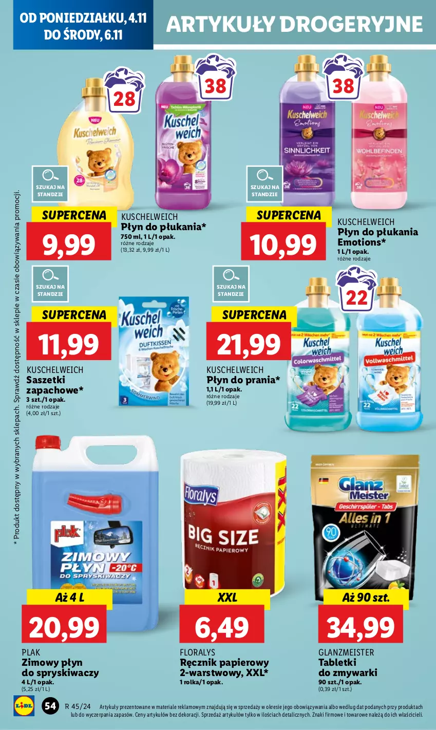 Gazetka promocyjna Lidl - GAZETKA - ważna 04.11 do 06.11.2024 - strona 60 - produkty: Flora, Papier, Płyn do płukania, Płyn do prania, Płyn do spryskiwaczy, Ręcznik, Tablet, Tabletki do zmywarki, Zmywarki