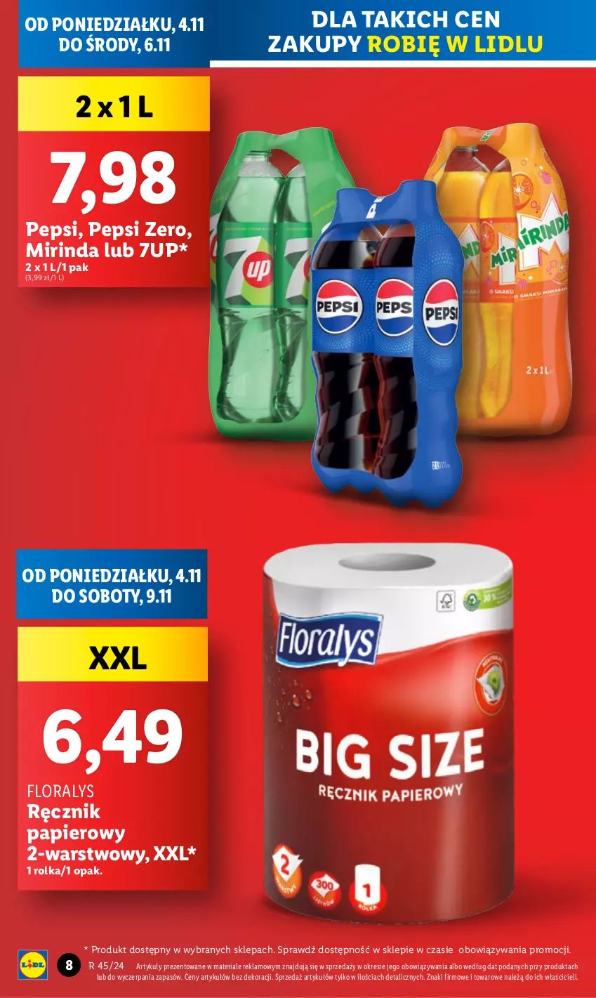 Gazetka promocyjna Lidl - GAZETKA - ważna 04.11 do 06.11.2024 - strona 8 - produkty: 7up, Flora, Mirinda, Papier, Pepsi, Ręcznik