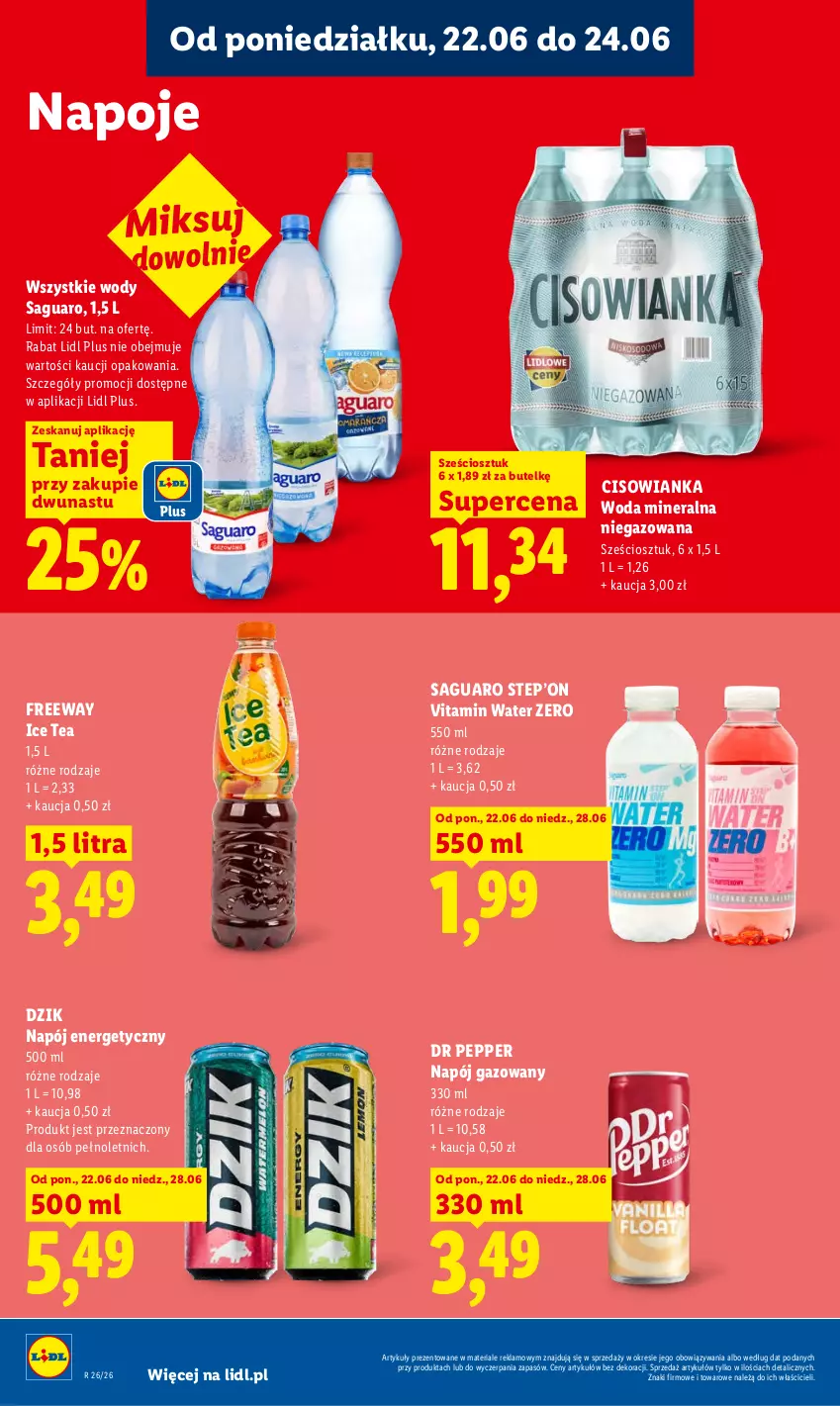 Gazetka promocyjna Lidl - Gazetka ważna od 22.06 do 24.06 - ważna 22.06 do 24.06.2026 - strona 72 - produkty: Cisowianka, Ice tea, Napój, Napój energetyczny, Napój gazowany, Napoje, Woda, Woda mineralna