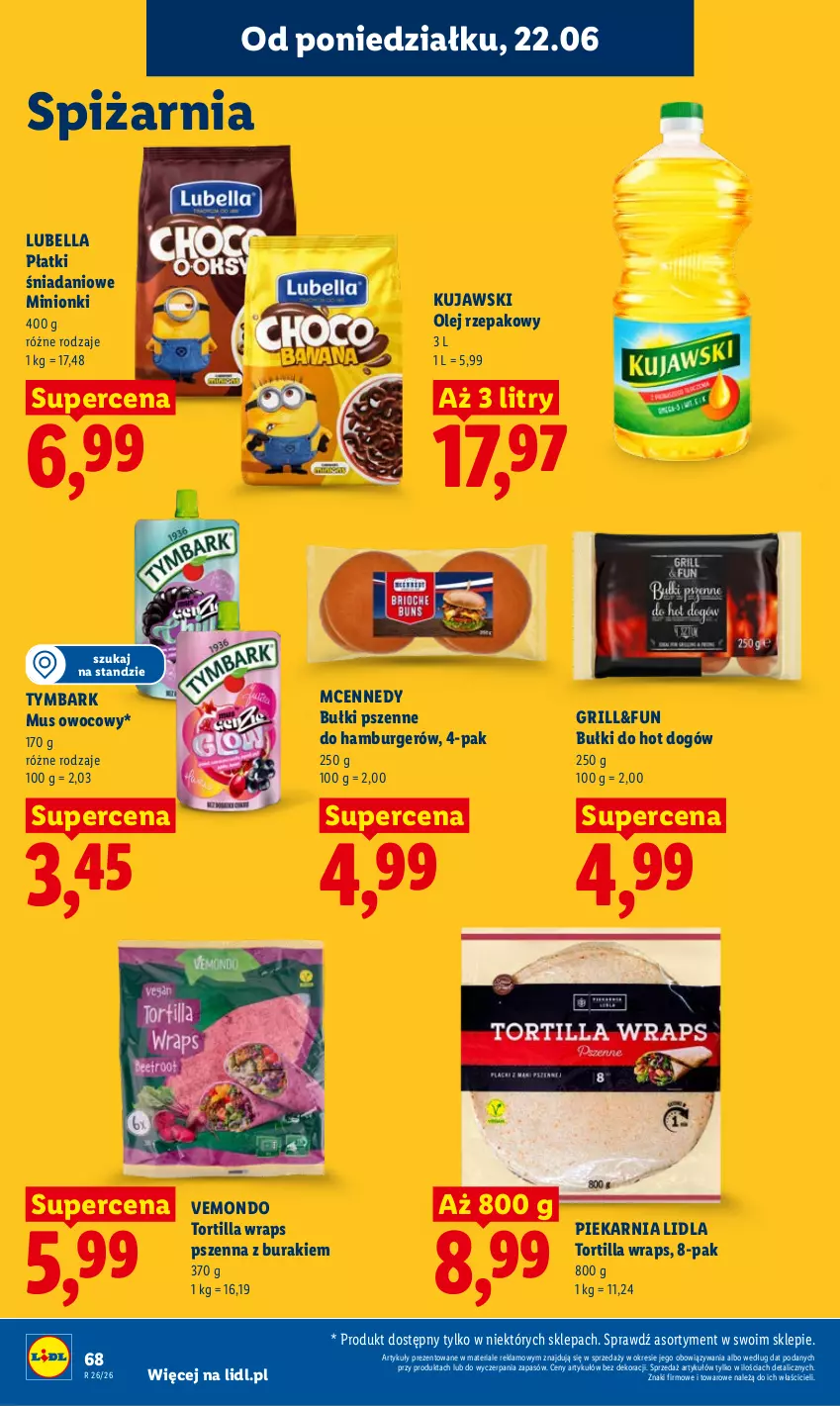 Gazetka promocyjna Lidl - Gazetka ważna od 22.06 do 24.06 - ważna 22.06 do 24.06.2026 - strona 84 - produkty: Bell, Bella, Bułki do hot dogów, Buraki, Burger, Danio, Grill, Hamburger, Hot dog, Kujawski, Lubella, Mus, Olej, Olej rzepakowy, Tortilla, Tymbark
