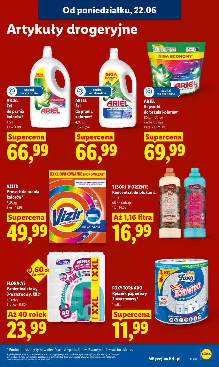 Gazetka promocyjna Lidl - Gazetka ważna od 22.06 do 24.06 - ważna 22.06 do 24.06.2026 - strona 91 - produkty: Ariel, Flora, Foxy, Kapsułki do prania, Papier, Papier toaletowy, Proszek do prania, Ręcznik, Vizir