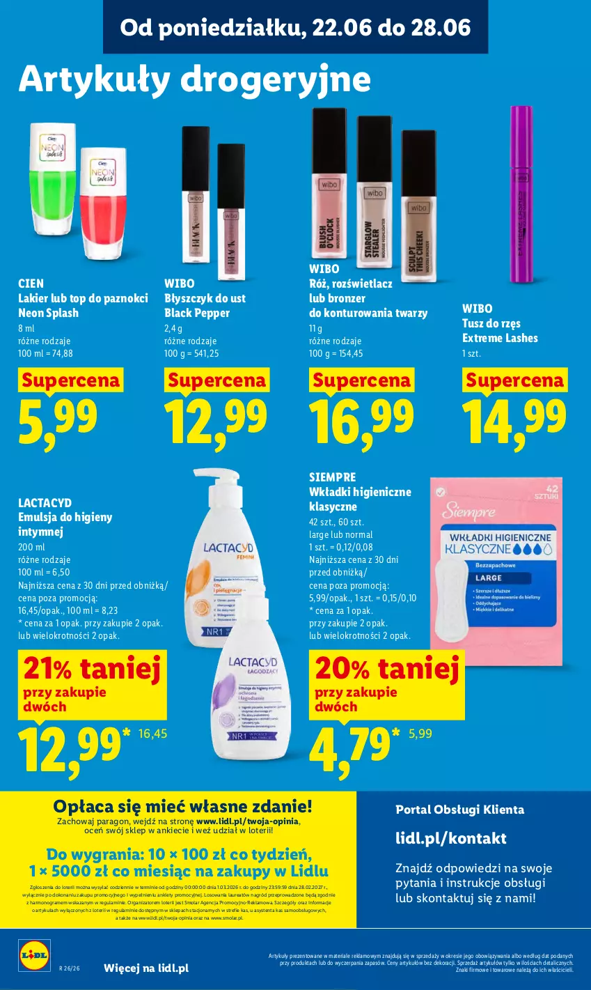 Gazetka promocyjna Lidl - Gazetka ważna od 22.06 do 24.06 - ważna 22.06 do 24.06.2026 - strona 94 - produkty: Błyszczyk do ust, Bronzer, Emulsja, Gra, Lack, Lactacyd, Lakier, Laur, Mola, Por, Portal, Rozświetlacz, Top, Tusz, Wibo, Wkładki