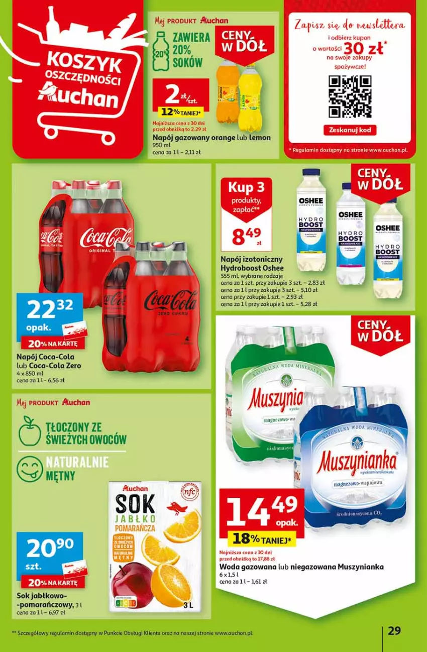 Gazetka promocyjna Auchan - Gazetka Ceny w dół Część 2 Hipermarket Auchan - ważna 11.01 do 17.01.2024 - strona 29 - produkty: Coca-Cola, Mus, Muszynianka, Napój, Napój gazowany, Napój izotoniczny, Oshee, Sok, Woda, Woda gazowana