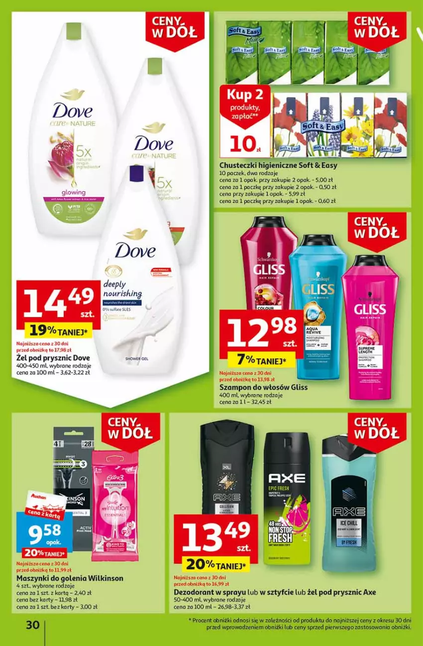 Gazetka promocyjna Auchan - Gazetka Ceny w dół Część 2 Hipermarket Auchan - ważna 11.01 do 17.01.2024 - strona 30 - produkty: Chusteczki, Dezodorant, Dove, Szampon